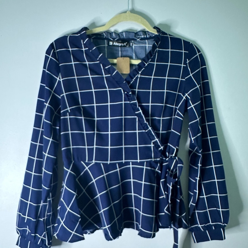Allegra K Blue and White Wrap Peplum Blouse